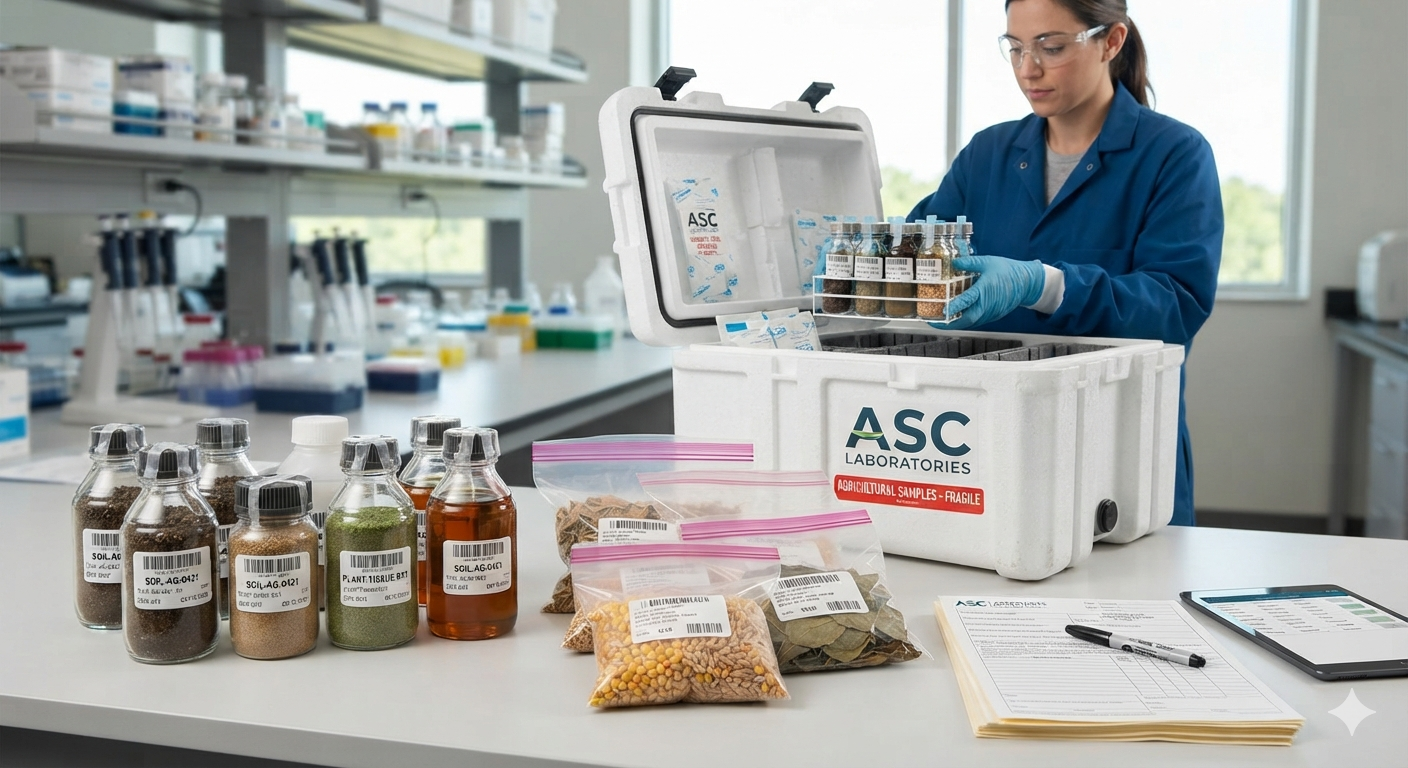 Agricultural samples prepared for laboratory delivery
